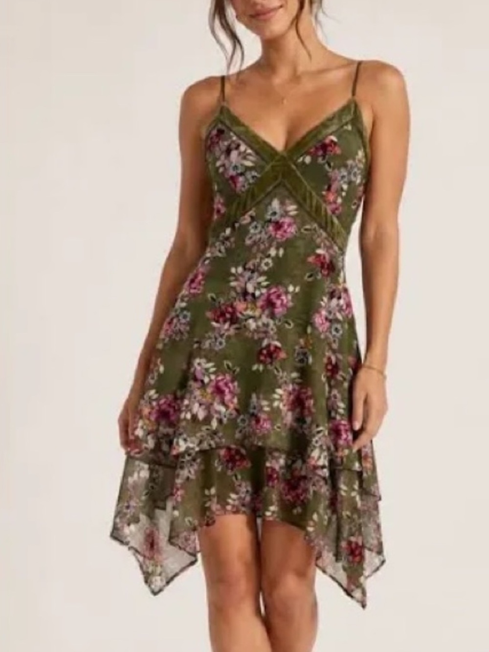 White House Black Market Olive Green Floral Asymmetrical Slip Dress